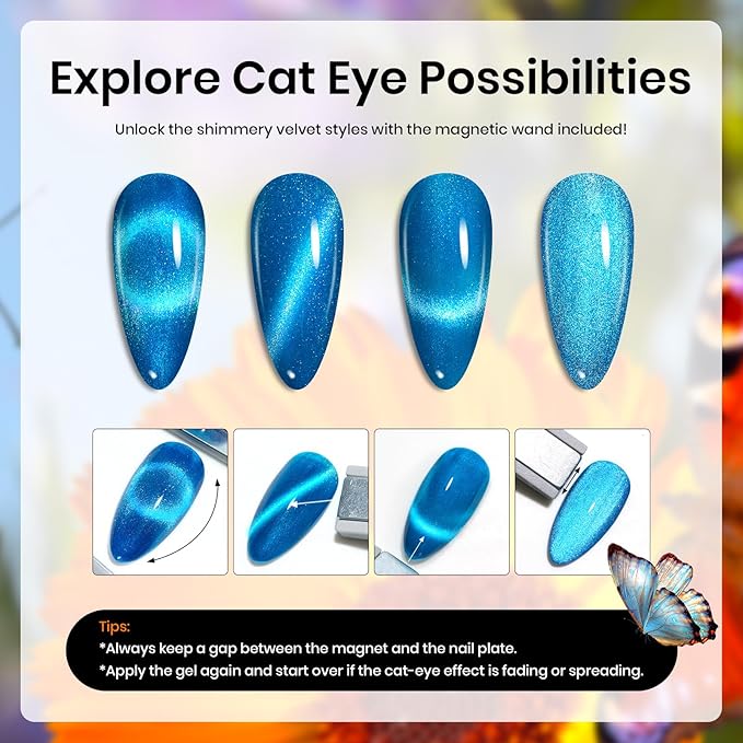 Beetles Cat Eye Gel Nail Polish Set, 15 Colors Gel Polish Nail Kit, Orange Glitter Purple White Blue Sparkle with Base & Top Coat & 3D Silicone Mold Nail Art for Decoration