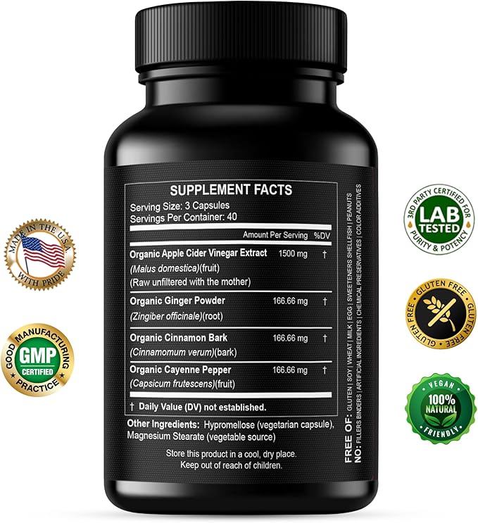 Apple Cider Vinegar Capsules 1500 mg Extract with The Mother - Extra Strength Raw Apple Cider Pills w Ginger Cayenne Cinnamon - Natural Detox Potent Digestion Cleansing System ACV Supplement