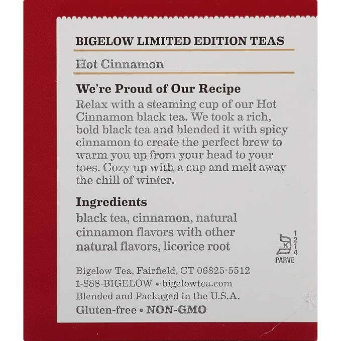 Bigelow Hot Cinnamon Black Tea Bags, 18 Count Box (Pack of 6) Caffeinated Black Tea, 108 Tea Bags Total