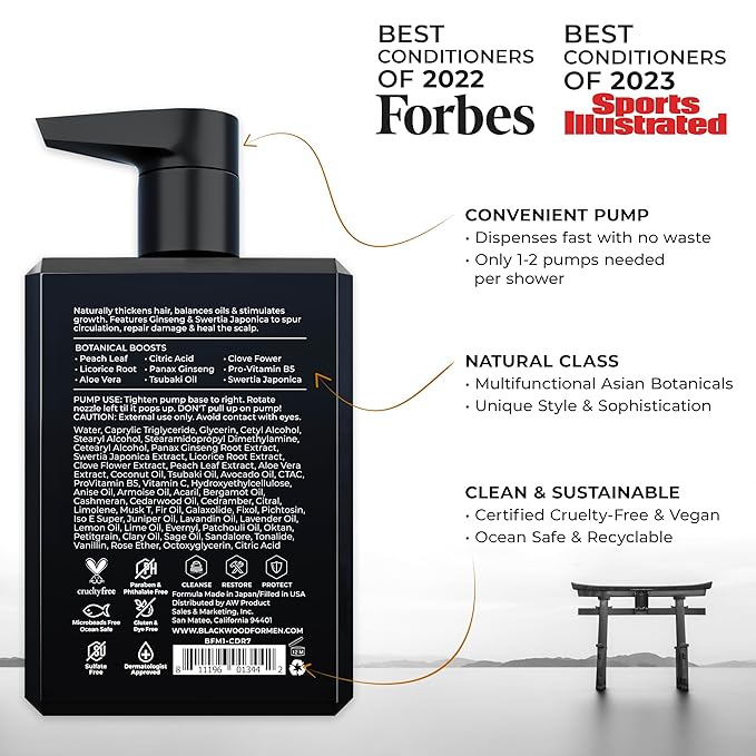 BLACKWOOD FOR MEN Active Man Daily Conditioner - Men's Thickening Conditioner for Hair Loss & Dandruff - Deep Treatment for Shine - Natural Vegan Formula - Sulfate, Paraben, & Cruelty-Free (7 Oz)