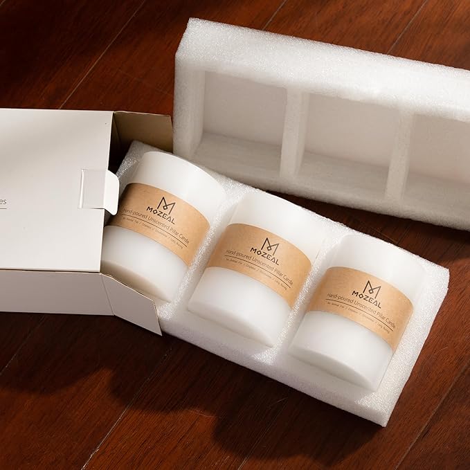 MOZEAL 3" x 4" Hand-Poured Unscented Candle,Dripless Pillar Candle Set of 3,Long Clean Burning,Approx 72 Hours Burn Time,Rustic Country Style,Wedding,Dinner,Christmas and Home Decor,White