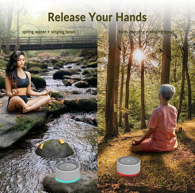 Kipcush Tibetan Meditation Bowl Sound Machine - 7 Different Sized Singing Bowls Sounds for Yoga, Meditation, Mindfulness, Chakra Healing, Sound Therapy and Stress Relief, Timer, Plug in