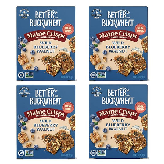 Maine Crisp Wild Blueberry Crisps - Gluten-Free Crackers With Blueberries, California Walnuts & Rosemary - Delicious Snack Crackers for Cheese Board & Toppings - Non-GMO, Grain-Free | 4-Pack