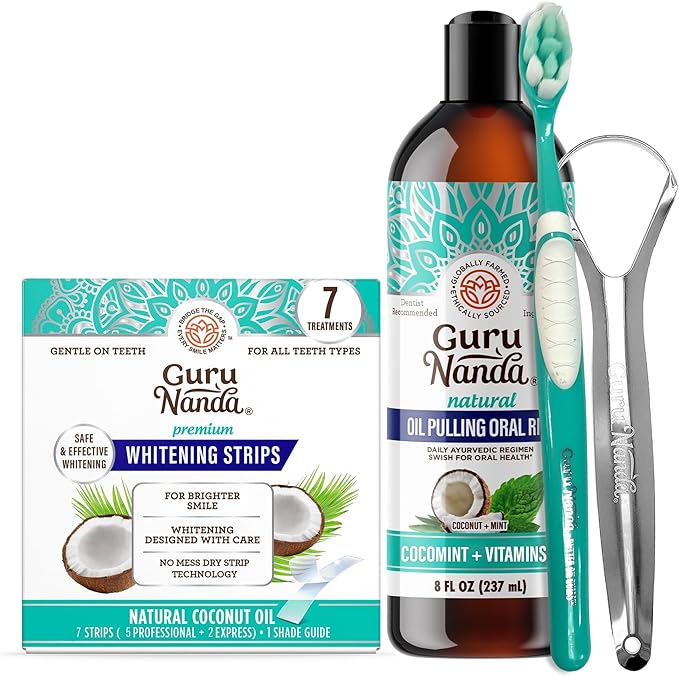 GuruNanda Coconut & Mint Oil Pulling with Tongue Scraper & Teeth Whitening Strips - 7 Treatments with 14 Strips - Enamel-Safe Strips for Sensitive Teeth