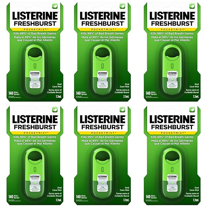 Listerine Freshburst Pocketmist Fresh Breath Oral Care Mist, Non-Aerosol Sugar-Free Minty Breath Refresher Spray to Kill 99% of Bad Breath Germs, Portable, Spearmint Flavor, 6 x 7.7 mL