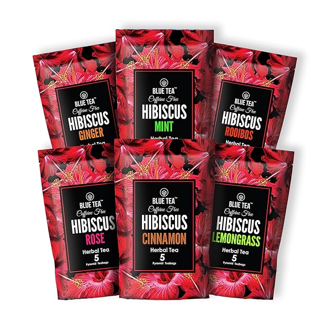 BLUE TEA - Hibiscus Assorted Tea Gift Set | 30 Count - Pyramid Plant Based Tea Bag - 6 Floral Blends | VARIETY PACK | Caffeine-Free - Flower Based - Non-Bitter - Vegan | Gifts for Him and Her