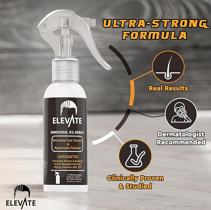 Elevate Hair Regrowth Treatment 5% Minoxidil Spray - Extra Strength Formula Professional Treatment for Hair Loss and Thinning for Regrowth - Stimulate Follicles for Men and Women 1 Month Supply