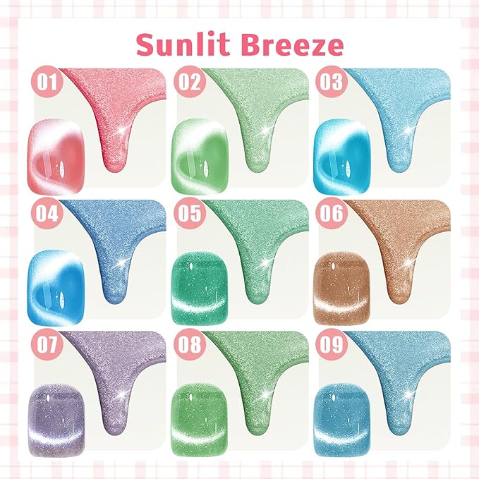 Gel Nail Polish Set, Cat Eye Gel Polish Kit, Holographic Reflective Magnetic Shimmer Glitter Red Green Blue Nail Art, Manicure Salon DIY Gifts, Soak Off, UV/LED Cured (9 Colors E)