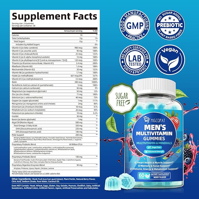 Multivitamin for Men, Mens Multivitamins Gummies w/Omega-3, Probiotics, Inositol, Folate, Biotin, Zinc, Vitamins A, C, D, E, B, Support Heart, Brain, Muscle, Energy, Sugar-Free, Berry Flavor