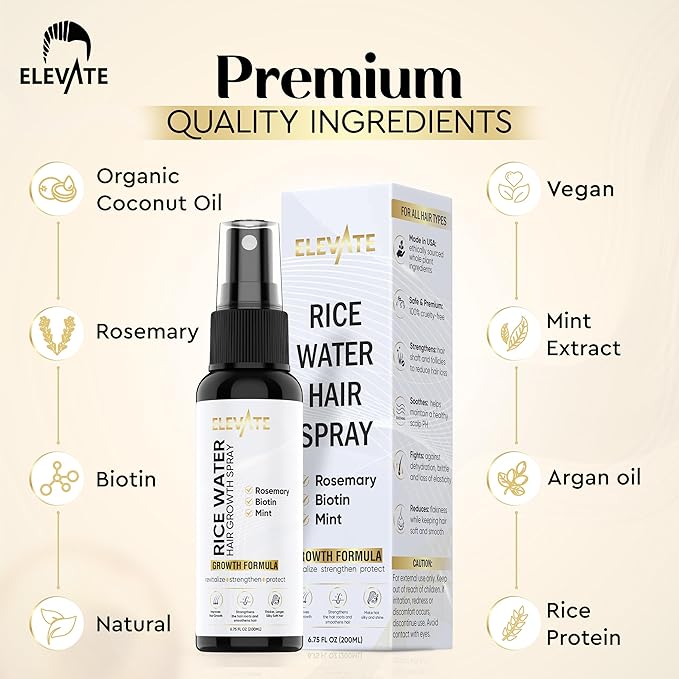 Elevate Rice Water Spray for Hair Growth - Fermented Rice Water & Rosemary Hair Mist with Biotin - Vegan Leave-In Treatment for Stronger, Thicker, Healthier Hair - Scalp Care for Women & Men