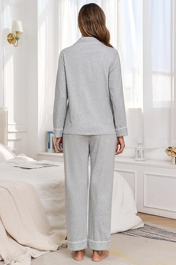 Veseacky 100% Cotton Pajamas for Women Set Long Sleeve Button Down Sleepwear Soft Pjs Lounge Sets with Pockets S-XXL