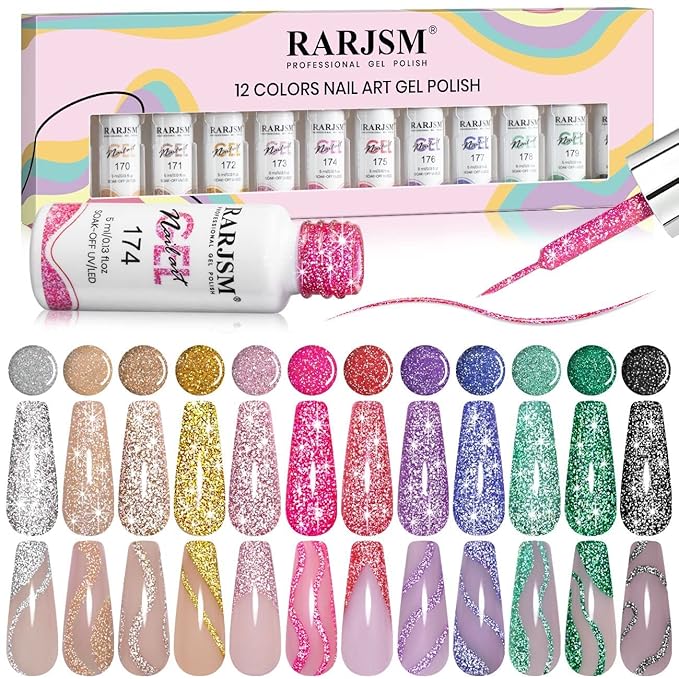 RARJSM Reflective Glitter Nail Art Gel Liner Flash Diamond Painted Gel Nail Polish 12 Colors 5ml Sparkle Silver Brown Hot Pink Green Black Pigment UV LED Soak off Curing Requires for Nail Design