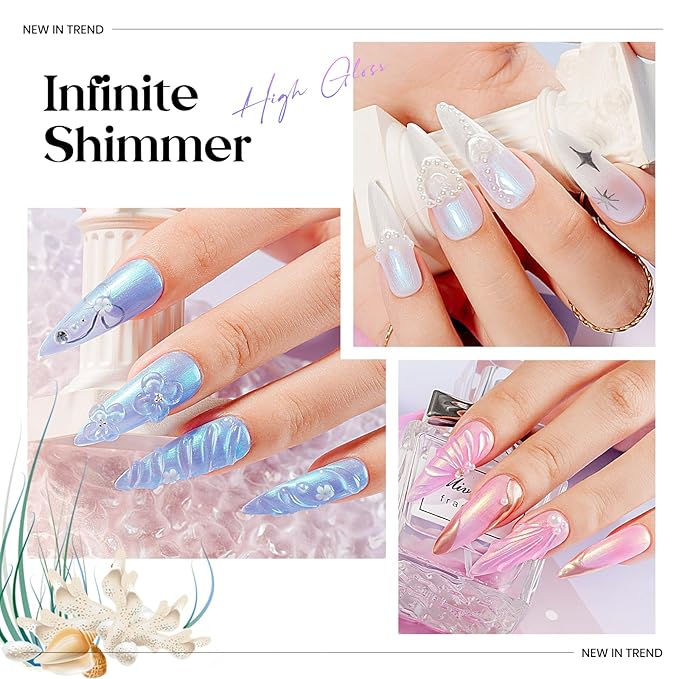 MIZHSE Pearl Gel Nail Polish, 6 Colors Iridescent Mermaid Gel Polish Set, Drawing Nail Shell Thread Effect Shimmery White Pink Purple Soak Off Nail Art Manicure Home Gift for Wome