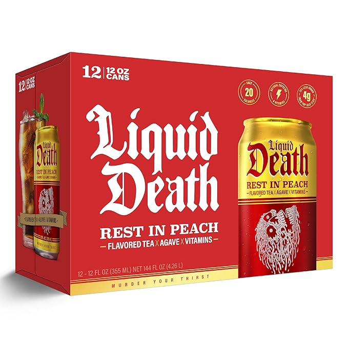 Liquid Death, Rest in Peach Iced Tea, 12-Pack (12 oz Cans), Peach Flavored Black Tea, Low Calorie, No Artificial Sweeteners, B12 & B6 Vitamins