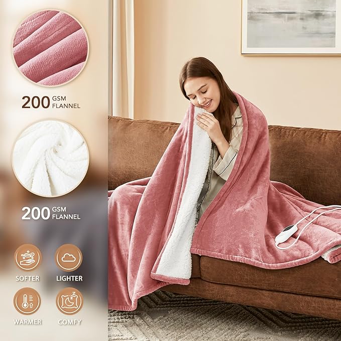 Homemate Electric Heated Blanket King Size - 100"x90" Heating Blanket King Size Dual Control 1/2/4/6/8 Hours Auto-Off 10 Heat Level Over-Heat Protection Flannel Sherpa ETL Certification