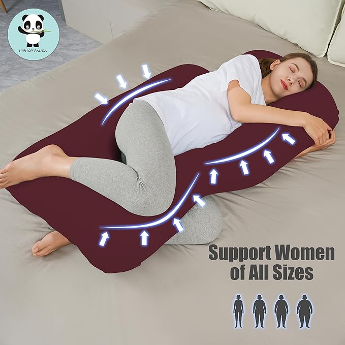 HIPHOP PANDA U-Shaped Pregnancy Pillow for Sleeping - Full Body Maternity Support Pillow with Removable Cover - Comfort for Back, HIPS, Legs, Belly - 57 Inch for Pregnant Women, Burgundy