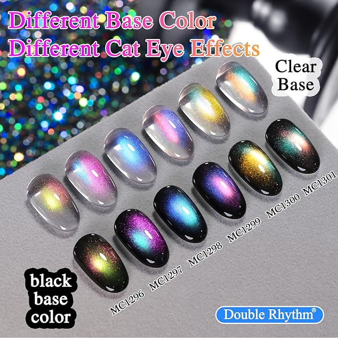 Double Rhythm Cat Eye Gel Nail Polish Set of 6 Same Color Same Bottle 0.5 Oz Shimmer Glitter with Magnet Holographic Reflective Magnetic UV Nail Polish Kit at Home (Holographic Rainbow-T6-88)