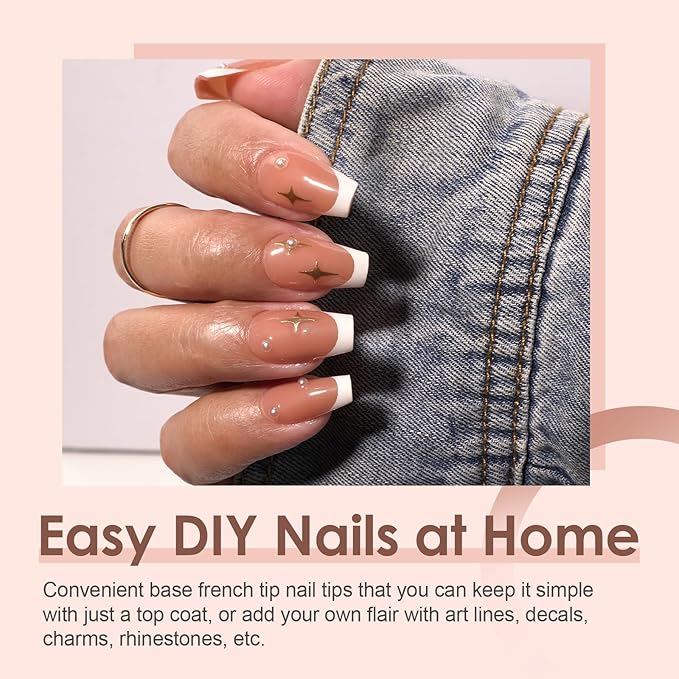 Canvalite French Tip Press on Nails Gel Nail Tips - 300Pcs Pre-Colored Quick and Easy Fake Nails with Designs Coffin Nails Tips Short Press on Nails DIY Nail Extensions, Nude White