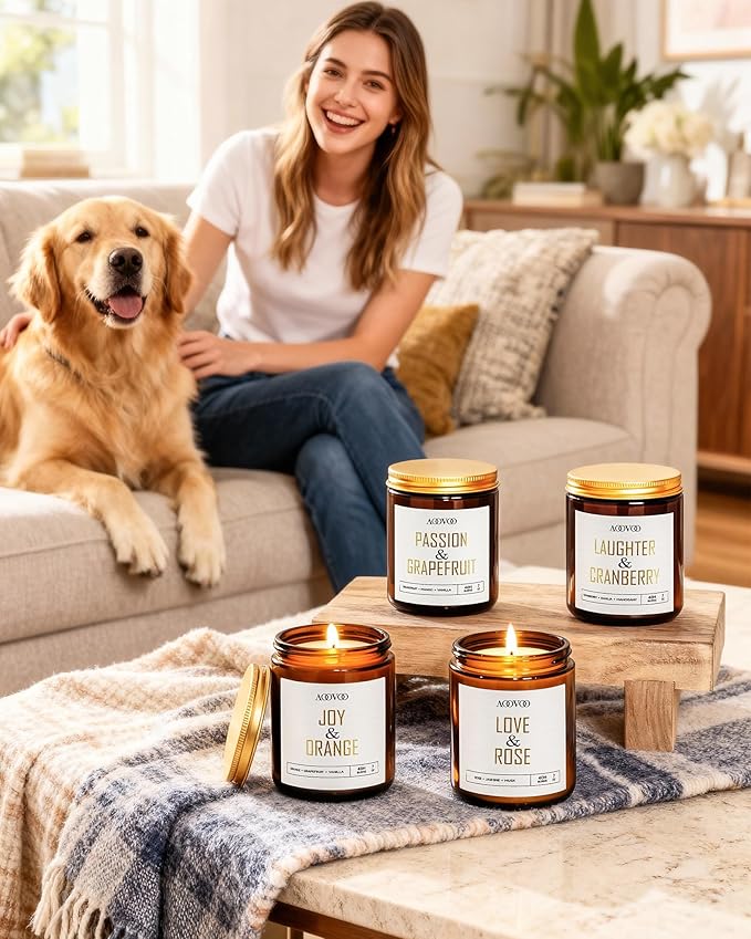 AOOVOO Candle Set - 4PC Scented Candles, 28 oz Soy Candles, Soy Candle for Home Scented, Joy Orange/Laughter Cranberry/Love Rose/Passion Grapefruit