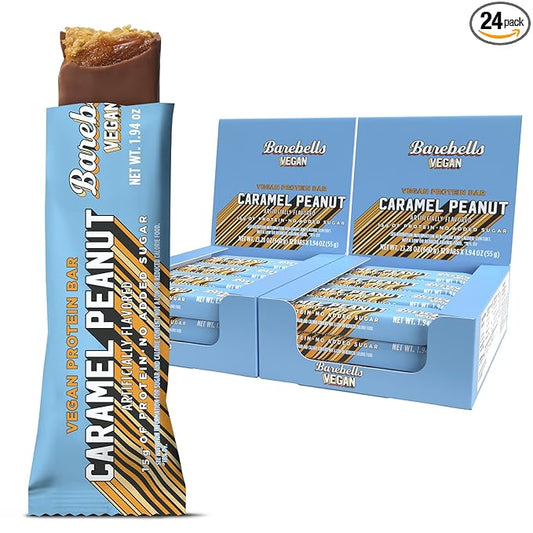 Barebells Plant Based Protein Bars, Peanut Caramel – 24 bars (2 Packs of 12) - 15g of Plant-Based High Protein Treats – Vegan Chocolate Nutrition Bar with 1g Total Sugar - On The Go Breakfast or Post-Workout Snack