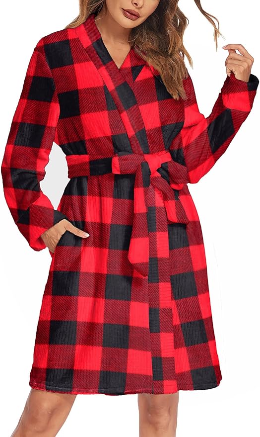 Ekouaer Women's Robes Short Plush Bathrobe Knee Length Warm Soft Jacquard Robe Winter House Coat with Pockets S-XXL