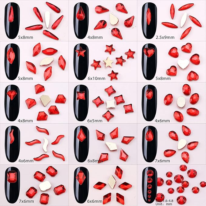 Nibiru 3830Pcs Red Multi Shapes Rhinestones Glass Diamonds Kit for Nail Art Jewels Decoration, Shiny Flatback Mix Size with Wax Pen