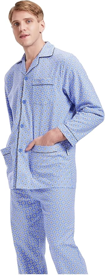 GLOBAL Men's Pajamas Sets 100% Cotton Flannel Sleepwear Long-Sleeve top & Bottom