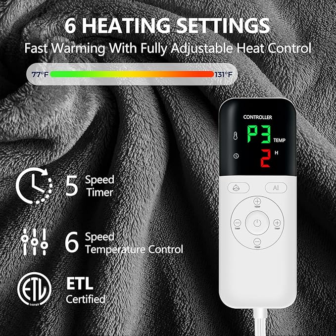 Heated Blanket Throw 50x60, Extra Plush 220GSM Flannel & Sherpa with Child Lock | 6-Level Smart Adaptive Heat & 8Hr Timer | ETL Certified Electric Blanket for Full Body Comfort