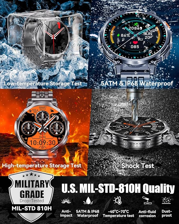 1.85" Big Screen Military Smart Watch for Men with Flashlight, 730mAh Large Battery, IP68 Waterproof, Bluetooth Calling, 114 Sports Modes, Heart Rate/Sleep Monitor for iOS Android