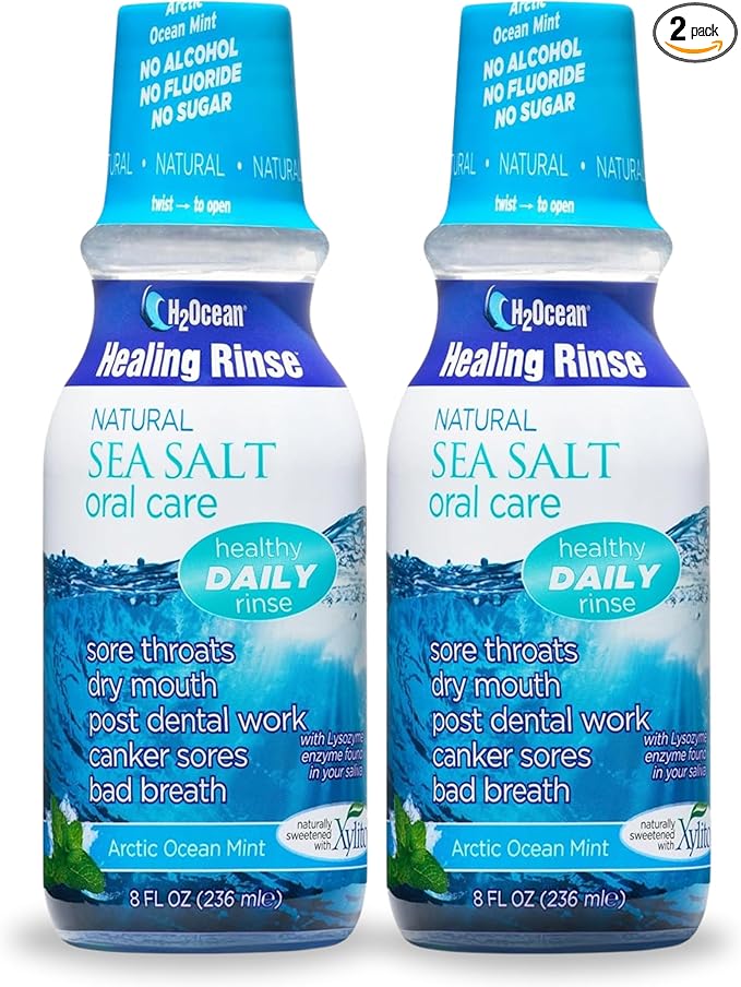H2Ocean Healing Rinse Mouthwash - Great Tasting Sea Salt & Xylitol Mouth Wash for Fresh Breath & Dry Mouth - Alcohol & Fluoride Free - Arctic Ocean Mint 8oz (Pack of 2)