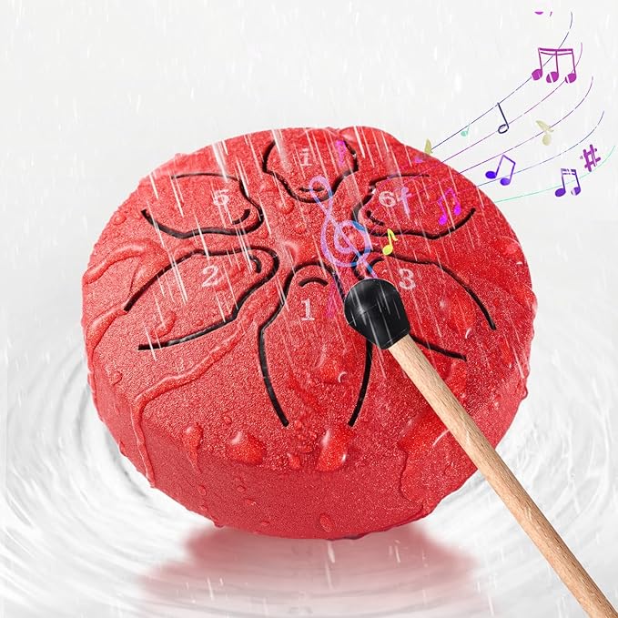 Facmogu Rain Drum for Outside, 6 Notes 3 Inch Steel Tongue Drum Rain Chime, Musical Rain Drum for Garden Yoga Meditation Zen, Mini Chakra Drum for Rain Outdoor w/Bag & Mallet - Red (Bowlling Pattern)