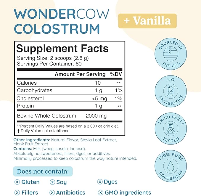 Colostrum Supplement Powder for Gut Health, Immune Support, Muscle Recovery & Wellness | Natural IgG Pure Whole Bovine Colostrum Superfood, Vanilla, 60 Servings