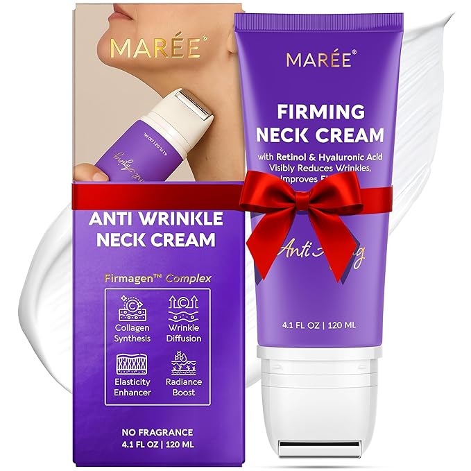 MAREE Neck Cream with Face Roller – Neck Creams For Tightening and Firming – Pro Retinol & AH-8 Firming Neck Cream Roller - Face Double Chin Wrinkle Cream for Women - Crema Reafirmante Para el Cuello