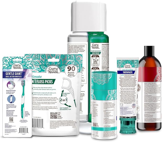 GuruNanda Gum Hygiene Makeover Kit with Ashwagandha & Cocomint (Travel Size) Oil Pulling, Neem Toothpaste, Breath Harmonizer Mouthwash, 2-in-1 Floss Picks & Whitening Toothbrushes