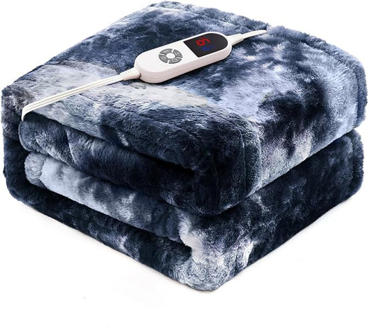 Electric Heated Throw Blanket 50"x60",Luxury Blue Faux Fur Electric Blanket,Fast Heating Soft Fluffy Thick Electric Blanket with 6 Heating Levels & 12H Auto Off