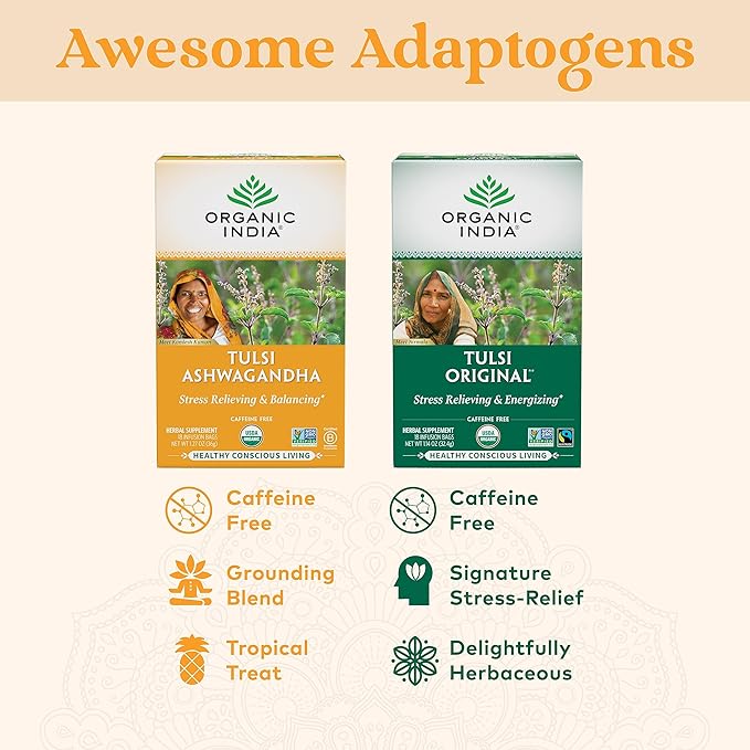 ORGANIC INDIA Calming Tulsi Ashwagandha Tea - Organic Tea Bags, Holy Basil, Vegan, USDA Certified Organic, Non-GMO, Caffeine Free - 18 Infusion Bags, 6 Pack