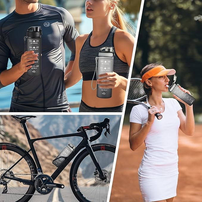 Enerbone Water Bottle, Leakproof BPA & Toxic Free, Motivational Water Bottle with Times to Drink and Straw, Fitness Sports Water Bottle with Strap for Office, Gym, Outdoor Sports