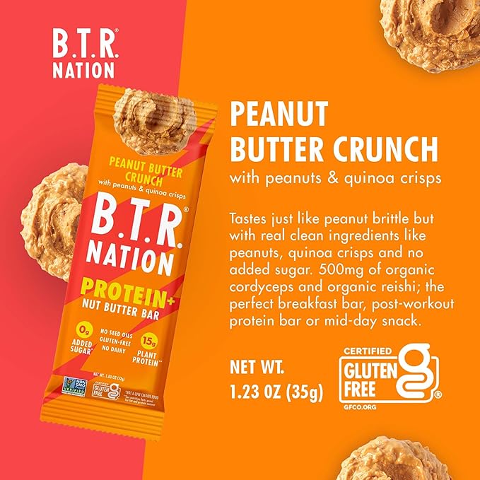 B.T.R Nation Vegan Keto Plant Based High Protein & HIgh Fiber Bars - Peanut Butter Crunch Protein+ | 12 Bars | Low Carb & GF, Free of Sugar Alcohols, Dairy, Soy, with Powerful Superfoods!