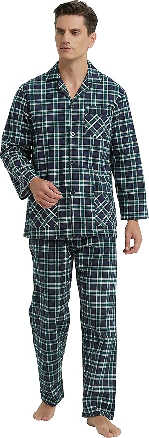 GLOBAL Men's Pajamas Sets 100% Cotton Flannel Sleepwear Long-Sleeve top & Bottom