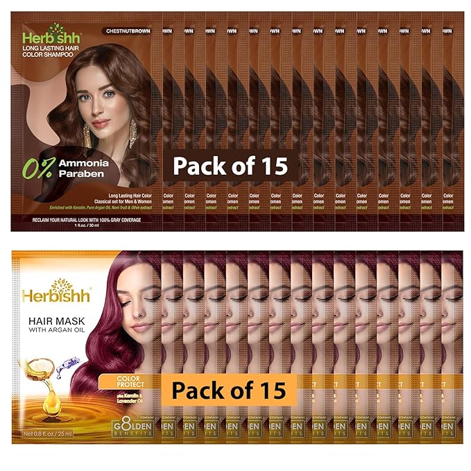 Herbishh Travel Pack Hair Dye Color Shampoo + 15pc Argan Hair Mask Sachet (Chestnut Brown, 15 Sachets)