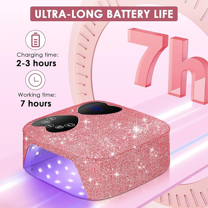 UV LED Nail Lamp Cordless, HUITINE 80W Rechargeable UV Light for Gel Nails with 5 Timers & Mirror Base, Professional Gel Light Dryer, Sparkling Rhinestones Curing Lamp for Salon & Home (Pink Diamond)