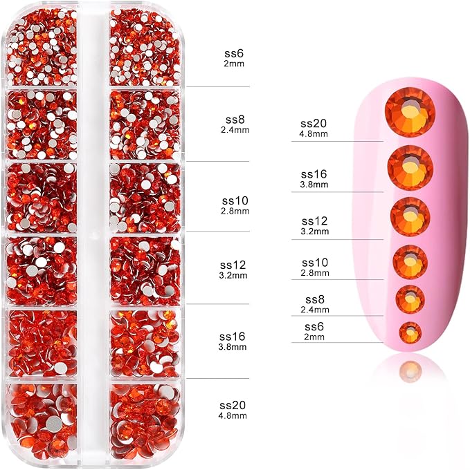 Nibiru 3992 Pieces Art Nail Rhinestones Flat Back Gems Round Crystal Rhinestones 6 Sizes with Pick Up Tweezer Orange