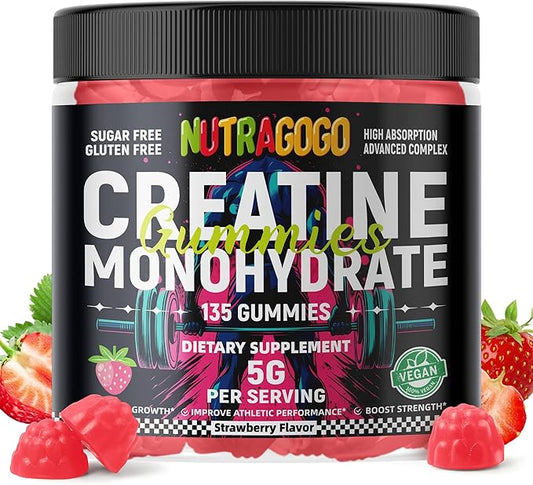 Creatine Monohydrate Gummies for Men & Women-5g of Creatine Monohydrate per Serving - Sugar Free,Vegan, Strawberry Electrolyte Chews, 135 Count