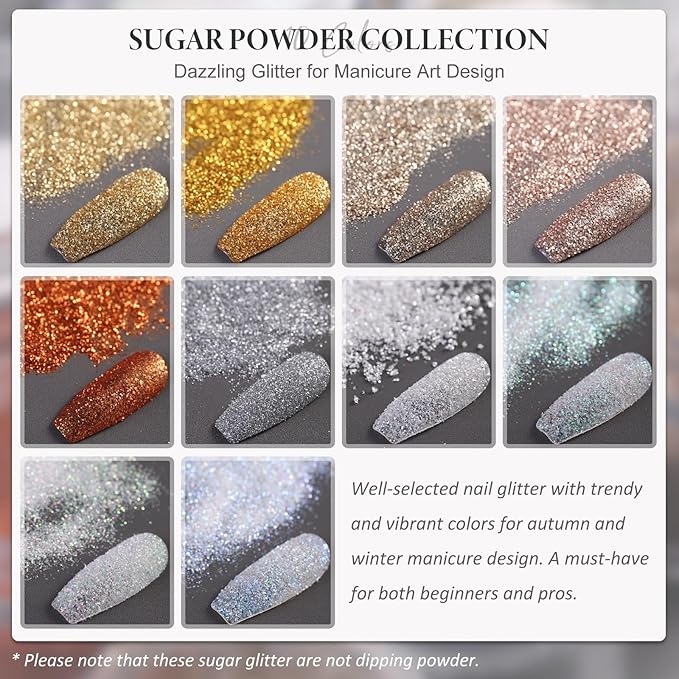 10 Jars Shimmer Shining Nail Glitter for Autumn Winter Ultra-Fine Sugar Coating Effect Sand Powder Dazzling Diamond Dust Manicure Decoration for DIY Home Salon