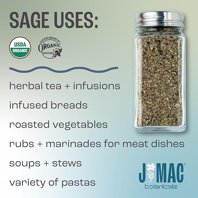 J Mac Botanicals, Organic Rubbed Sage (2 oz), Certified USDA Organic, Dried Rubbed Sage Leaf. Culinary Grade-excellent for sausage making, fresh Albanian harvest