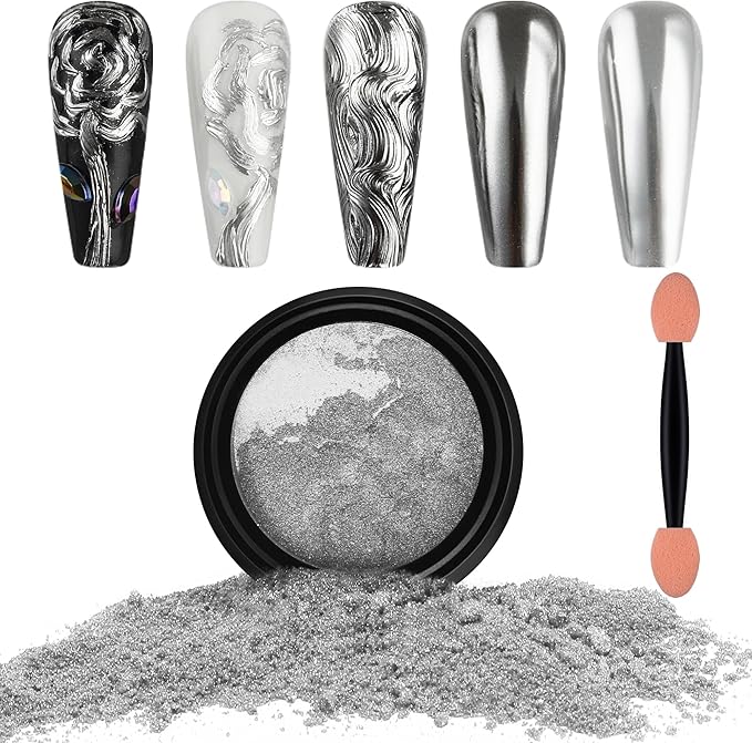 Artdone Chrome Nail Powder, Silver Iridescent Aurora Powder Metallic Mirror Effect Pigment Pearlescent Mermaid Pigment Pearl Glitter Dust Kit, Nail Art Decoration, Resin Craft