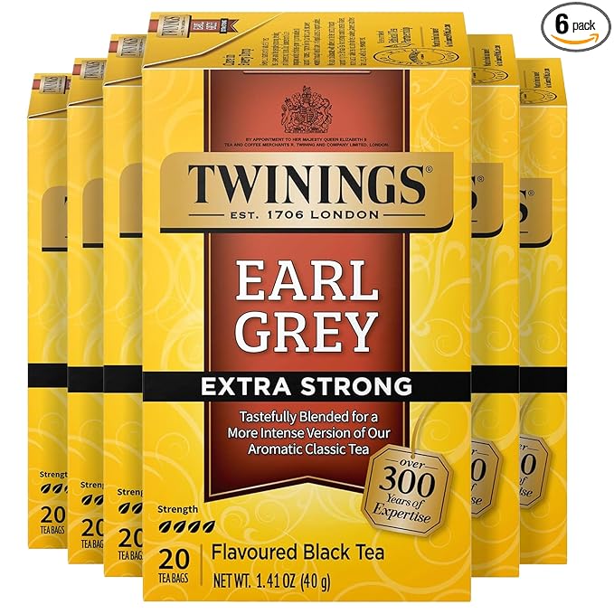 Twinings Earl Grey Extra Strong Black Tea Individually Wrapped Bags, 20 Count (Pack of 6), Flavoured with Citrus and Bergamot, Caffeinated, Enjoy Hot or Iced, 120 Teabags