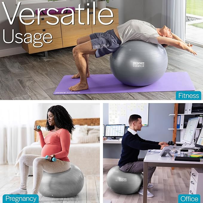 Core Balance Exercise Ball for Workouts, Anti-Burst and Slip Resistant, Swiss Yoga Ball for Pregnancy, Stability, Fitness and Physical Therapy, 4 Sizes, with Pump