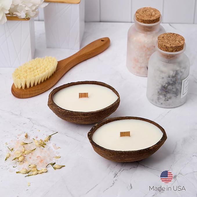 – Set of 2 Separate Scented Candles Clearance | Coconut Shell Soy Wax Candle with Wooden Wick | Candles for Home Décor | Gift Idea for Women (Coffee/Salted Caramel)