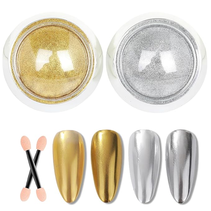 Gold Silver Chrome Nail Powder, Mirror Metallic Gel Chrome Powder Pigment for Nail Art Decoration